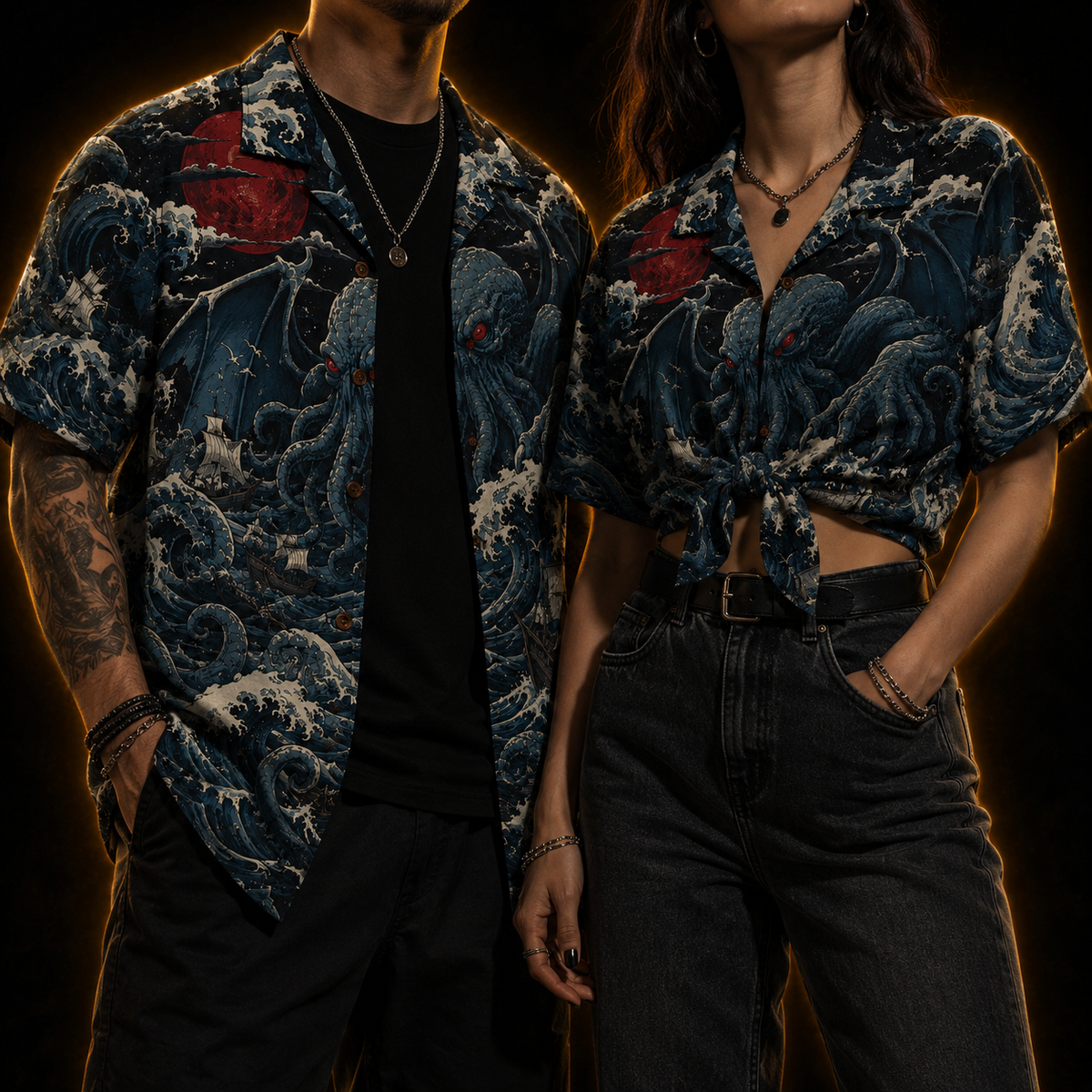 Kaiju Rising Hawaiian Shirt — Cthulhu Blood Moon Wave