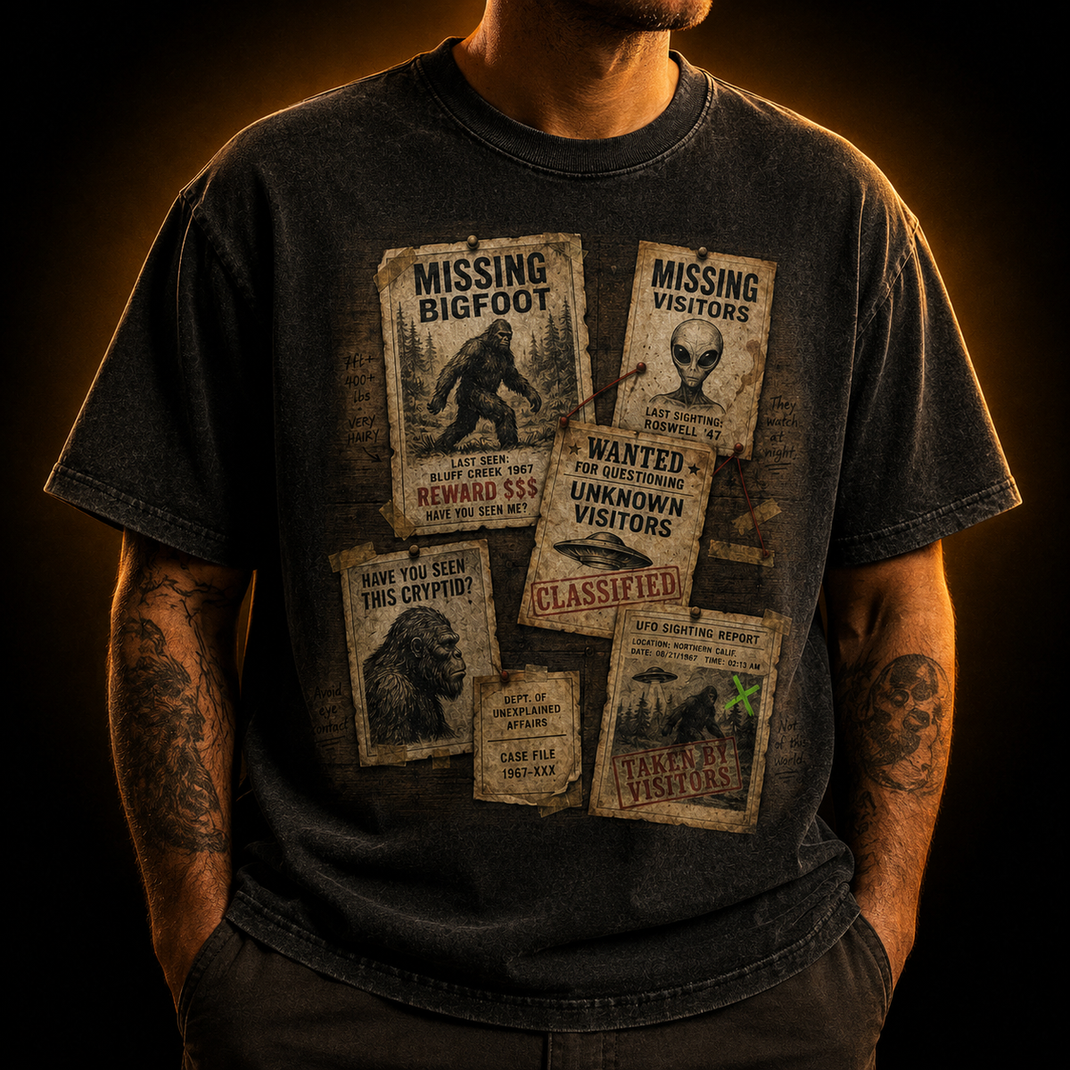 Missing Cryptids — Bulletin Board Collage Washed T-Shirt