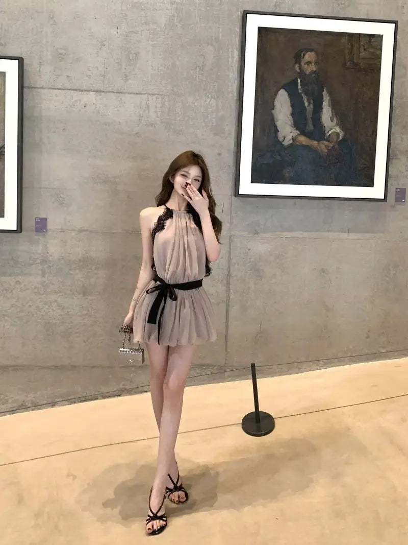 Women's Beige Sleeveless Chiffon Dress Ruffle Lace Contrast Blalt Halter Neck Pleated Mini Dress Elegant Party Casual Dress