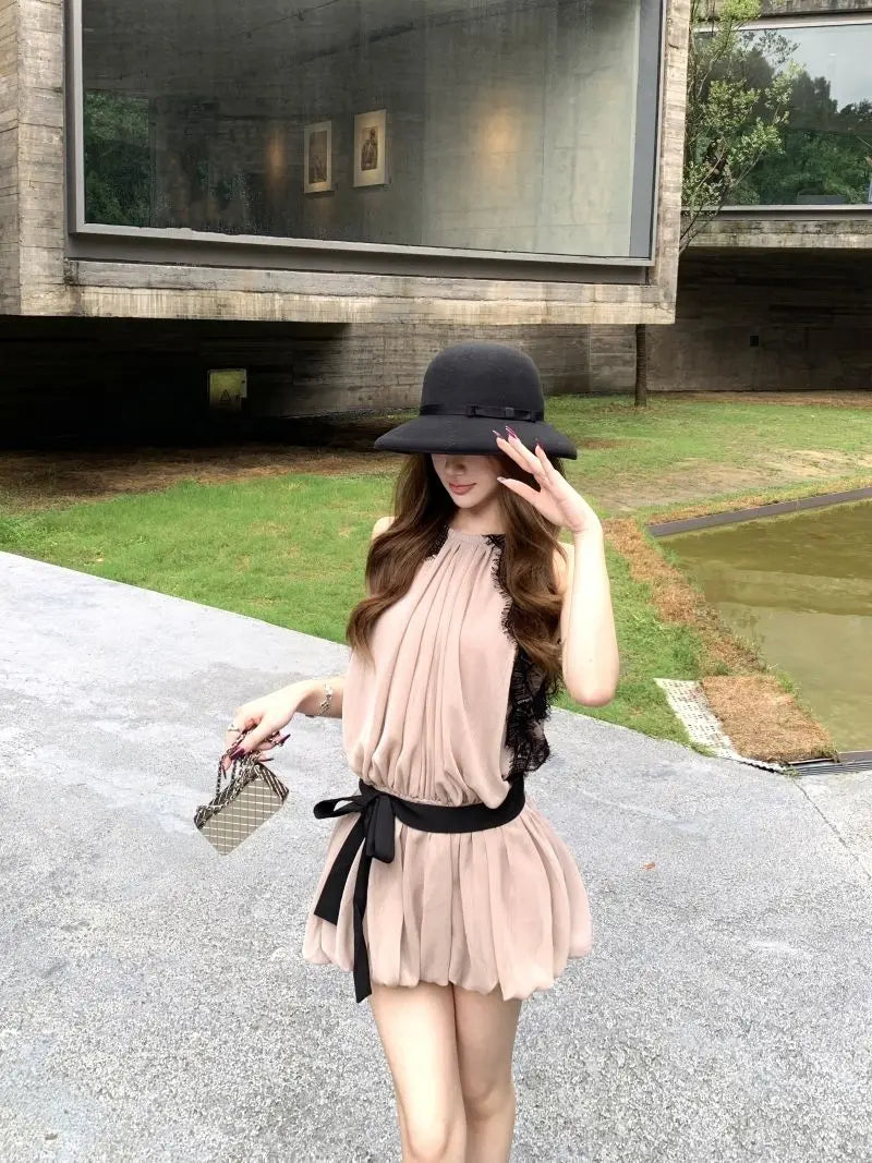 Women's Beige Sleeveless Chiffon Dress Ruffle Lace Contrast Blalt Halter Neck Pleated Mini Dress Elegant Party Casual Dress