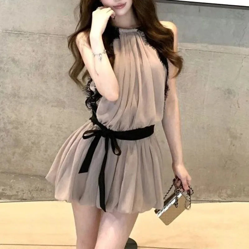 Women's Beige Sleeveless Chiffon Dress Ruffle Lace Contrast Blalt Halter Neck Pleated Mini Dress Elegant Party Casual Dress