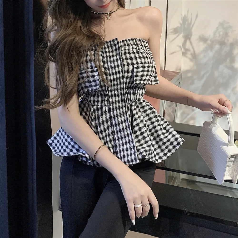 Girls Elegant Ruffles Plaid Tube Tops Women's Stretchy Wrap Tubes Bandeau Short Strapless Camisole Crop Top For Female
