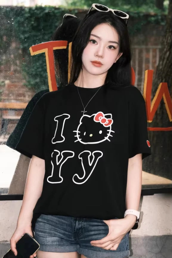 2026 Summer Hello Kitty T-shirt High Quality  Cotton White Letter Graphic Print Unisex Retro Casual Y2K Tee